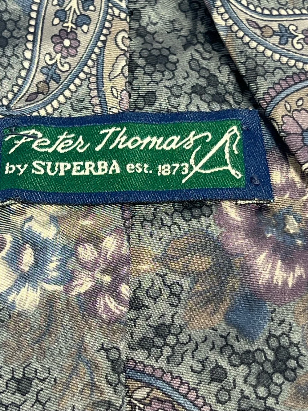 Peter Thomas by Superba Men’s 100% Silk Tie Paisley Floral Gray Blue Purple
